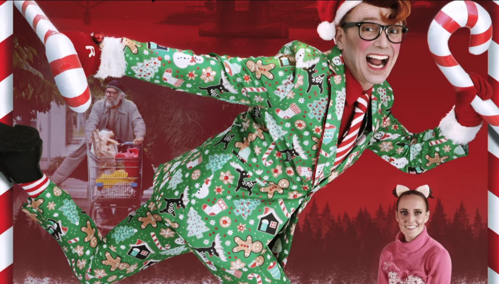 Photo collage of a person in a green holiday-themed suit and a santa hat, set against a red background with red and white candycanes, a photo of a woman with a pink cat ears headband in a pink sweater, and a photo of a bearded man pushing a shopping cart down a sidewalk