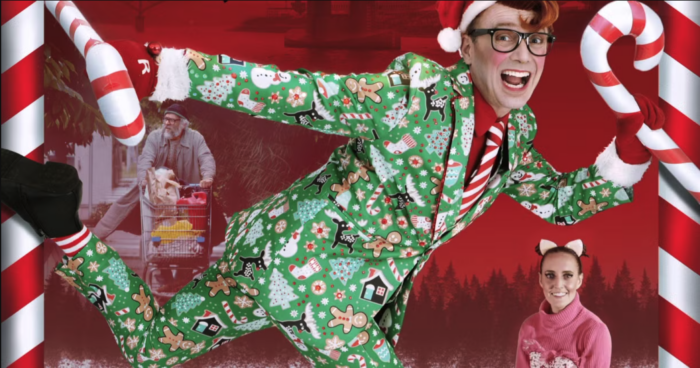 Photo collage of a person in a green holiday-themed suit and a santa hat, set against a red background with red and white candycanes, a photo of a woman with a pink cat ears headband in a pink sweater, and a photo of a bearded man pushing a shopping cart down a sidewalk