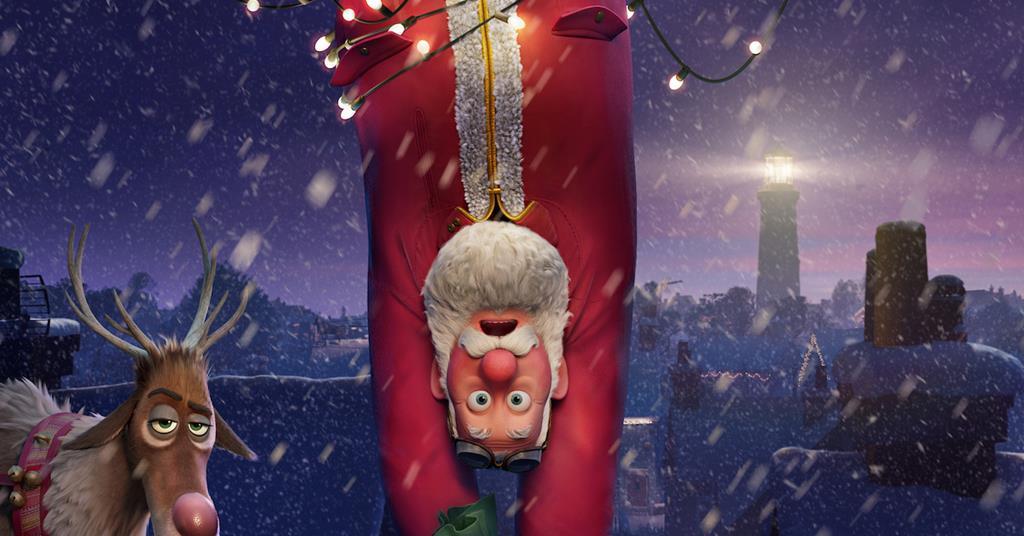 Animated image of Santa Claus hanging upside down with a cityscape behind him and a reindeer next to him