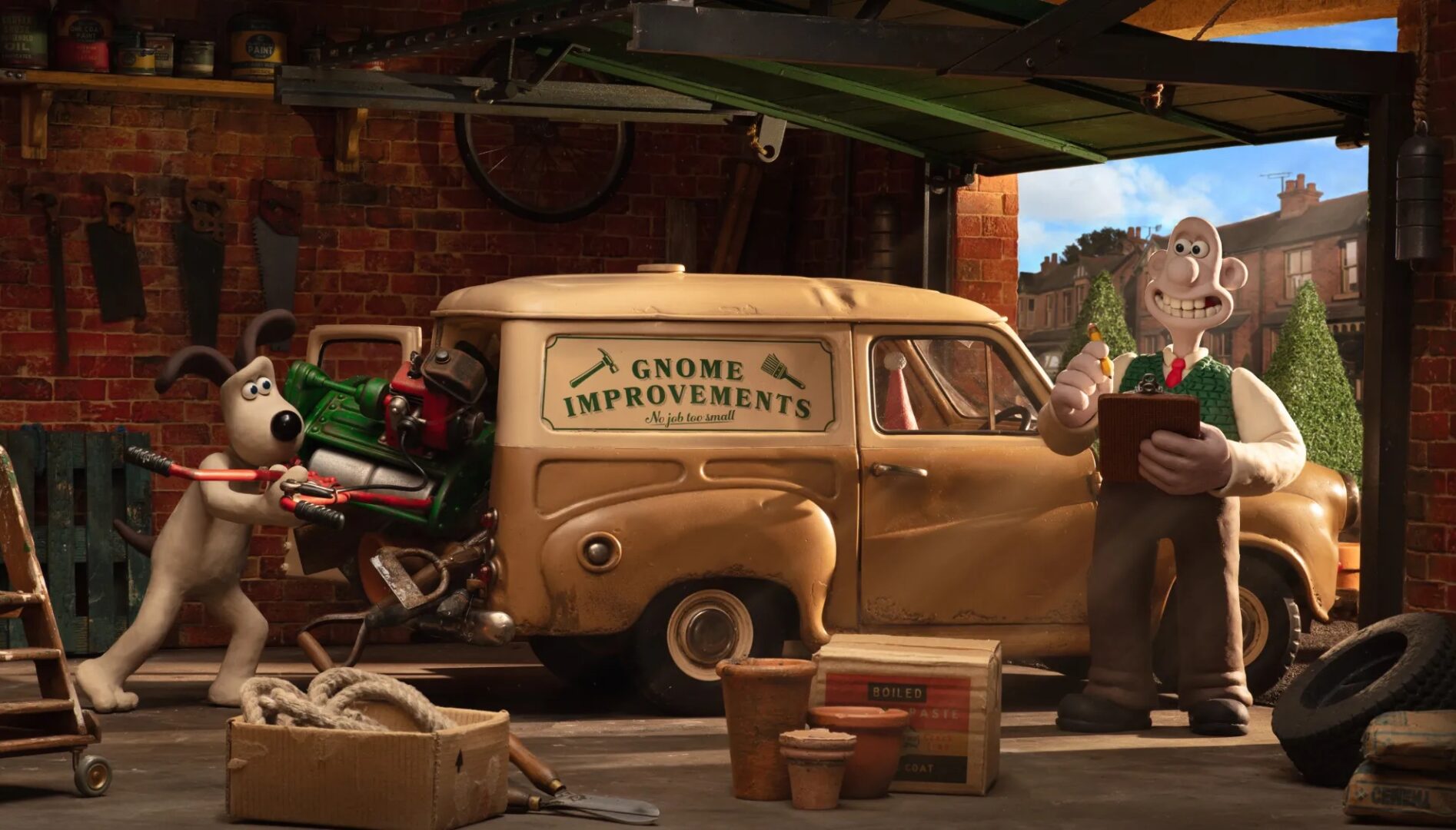 Animation still of a smiling man, holding a clipboard and a pencil, standing in a garage with an old fashioned car and a dog stuffing tools in the trunk of the car