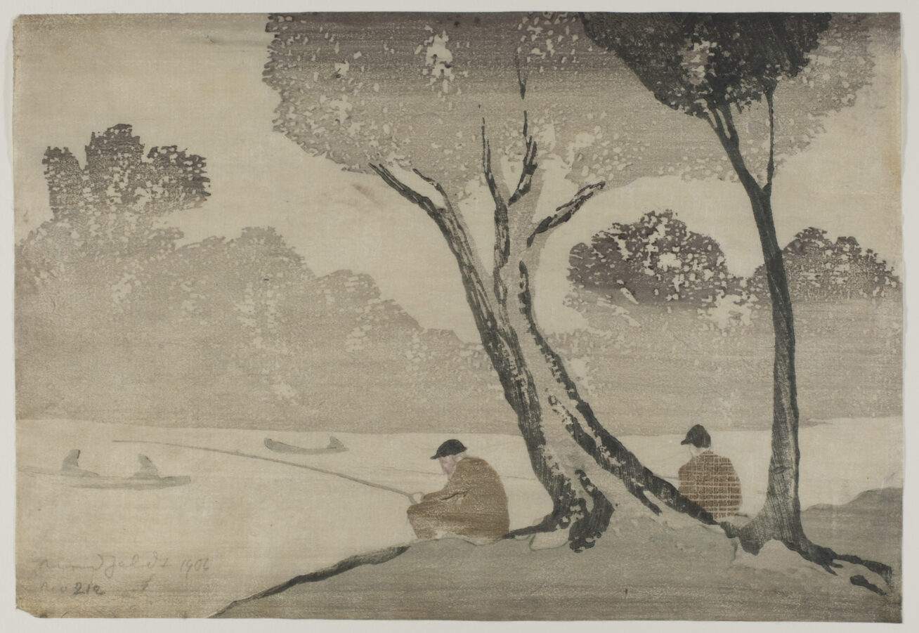 A sepia toned print of people fishing below trees on a riverbank. There are boats on the river in the distance.