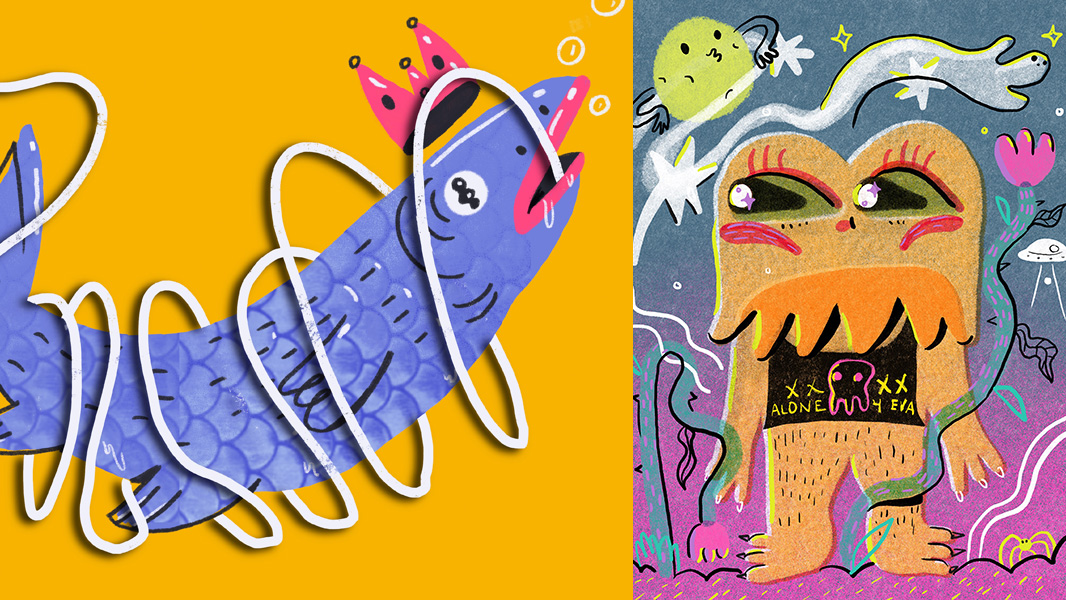 Collage of two animated creatures, a purple fish with a crown on the left and an orange-y monster with a black t-shirt on the right