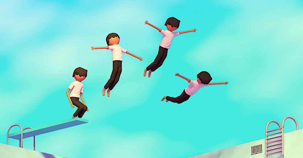 Animated film still of a boy in motion jumping off a diving board