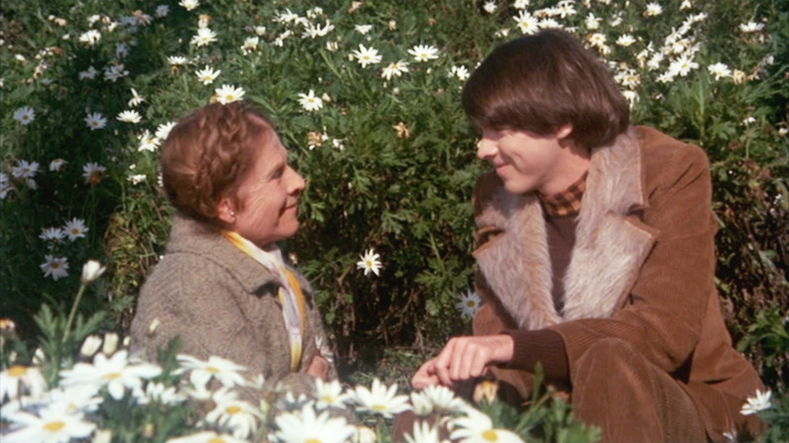 A smiling older woman with braids in her hair looking at a smiling young man in a field of white flowers