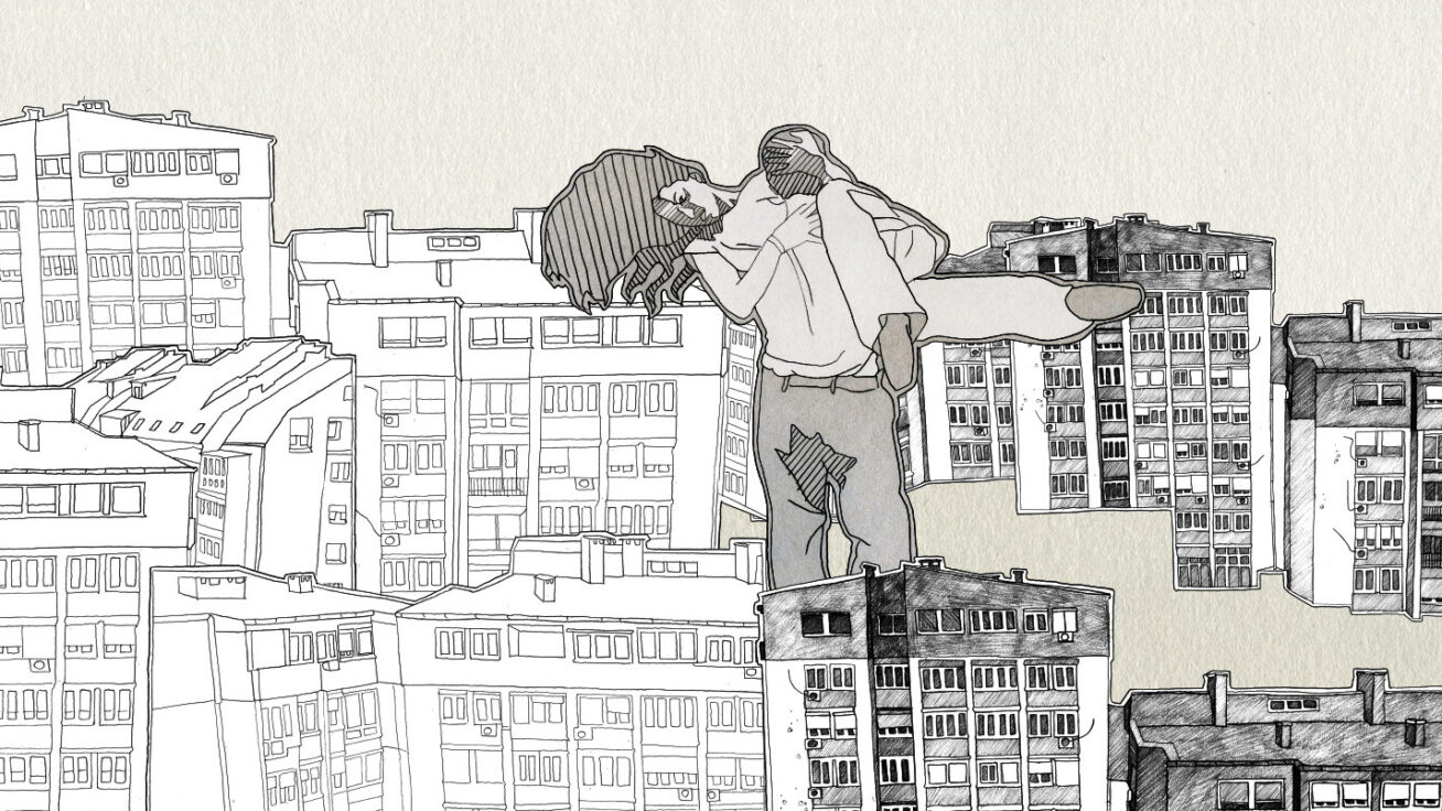 Illustration of a man carrying a woman in a cityscape