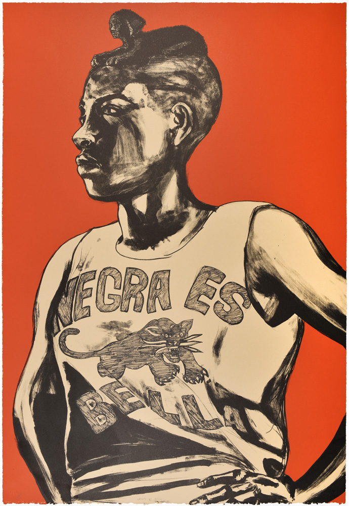 Print of a Black woman with a tank top that says Negra es bella. She is against a red background.