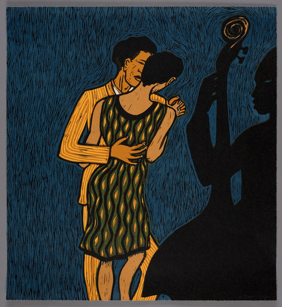 Block print of a Black couple dancing against a dark blue background