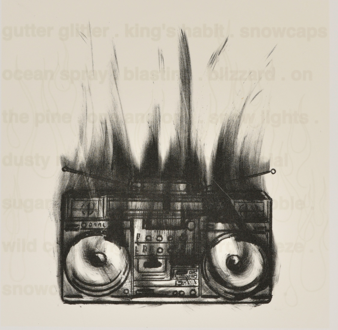 Black lithograph of a boombox on fire.