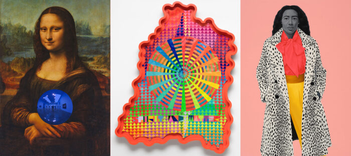 Three artwork images: one of the Mona Lisa holding a blue org; one an abstract colorful wall sculpture with striped, triangles, and concentric circles; and one of a Black woman wearing a cheetah print coast, a red shirt, and a yellow skirt against a pink background.