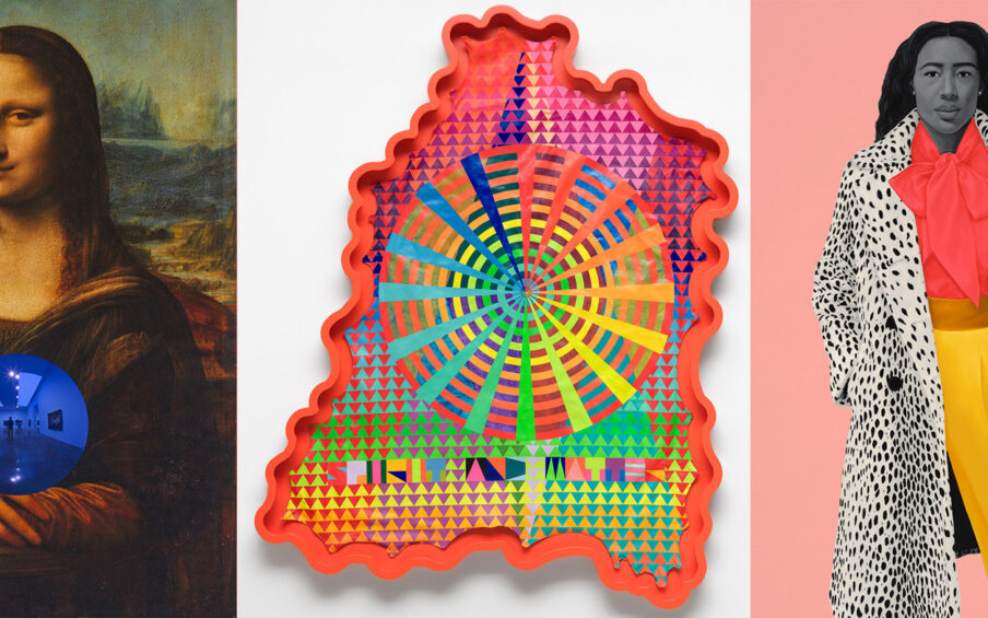 Three artwork images: one of the Mona Lisa holding a blue org; one an abstract colorful wall sculpture with striped, triangles, and concentric circles; and one of a Black woman wearing a cheetah print coast, a red shirt, and a yellow skirt against a pink background.