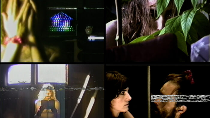 Collage of four film stills. Top left: someone hiding behind their hands. Top right: someone hiding behind a plant. Bottom right: a topless person sits in front of a window reading. Bottom right: two people looking at each other.