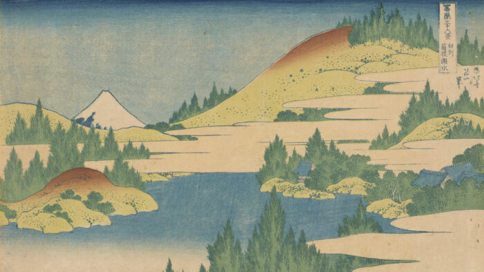 Japanese woodblock print of water and mountains and trees