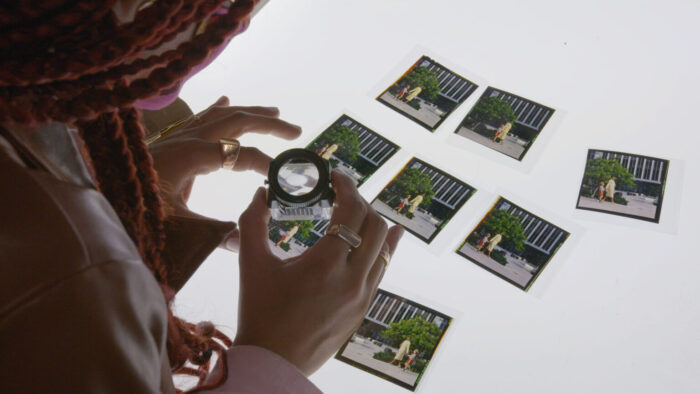 Photo of a person holding a loupe and looking at film over a light board