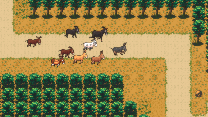 Image from an 8-bit video game with donkeys walking through a maze