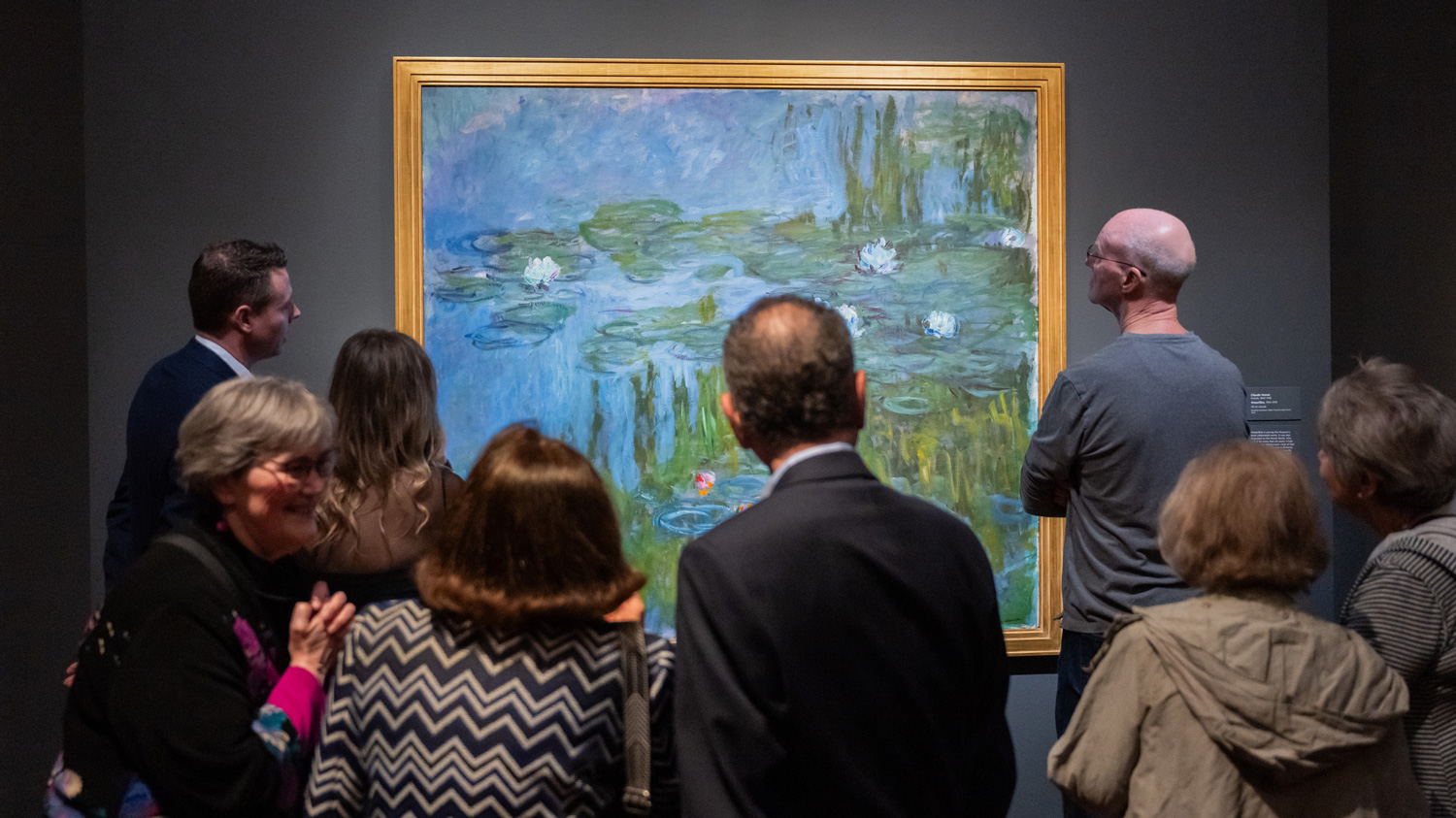 A crowd of people around Monet's Waterlilies painting