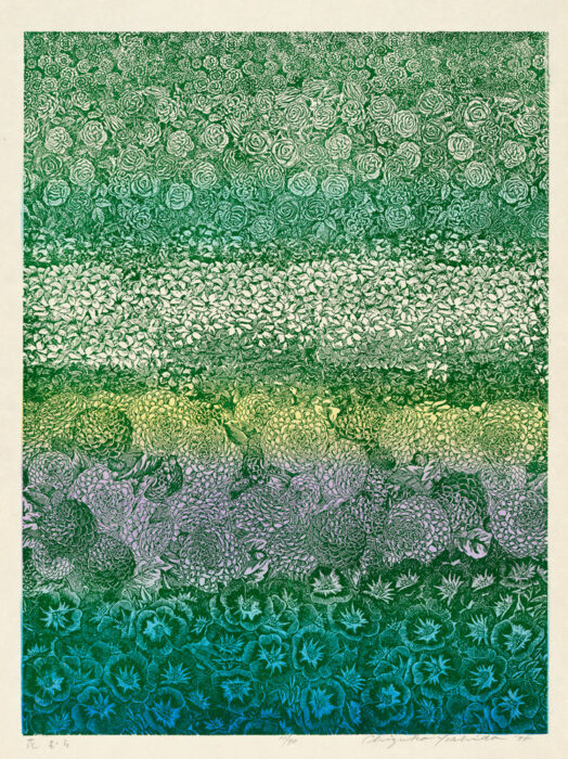 Print of a field of flowers in shades of green, yellow, and purple