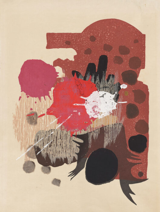 Abstract print with red, pink, and brown colors and shapes