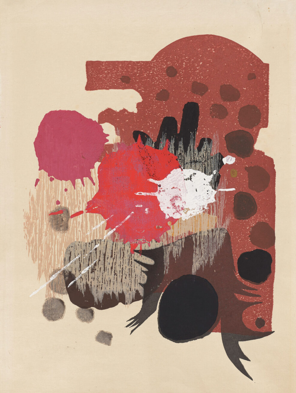 Abstract print with red, pink, and brown colors and shapes