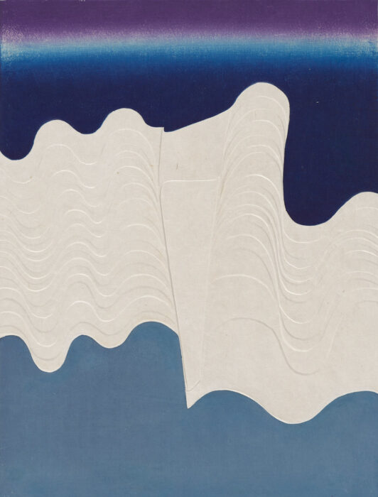 Woodblock print with waves of white between shades of blue and purple