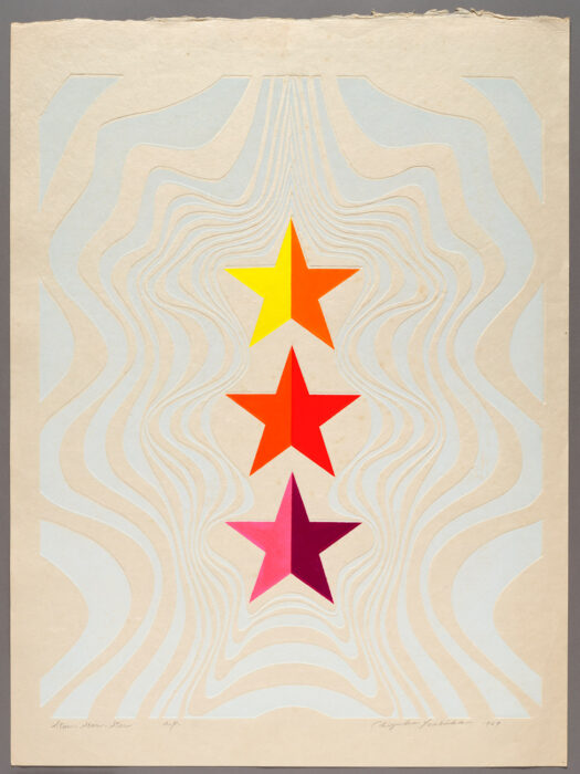 Woodblock print on beige and white background with three red, orange, and yellow in a line in the middle