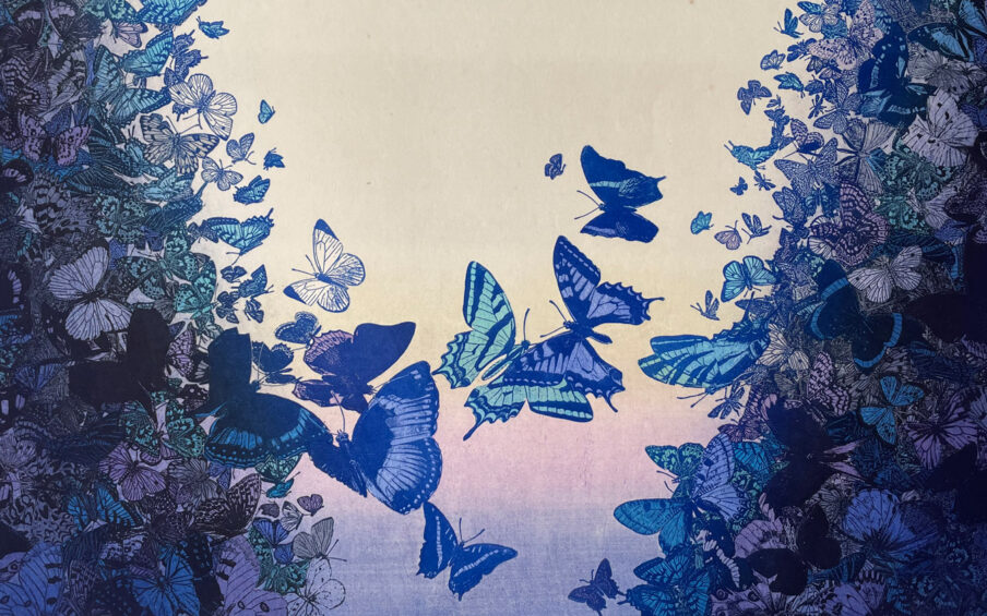 A print of purple and blue tinted butterflies