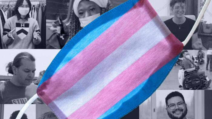 A collage of black and white portraits of people with a trans flag face mask overlay