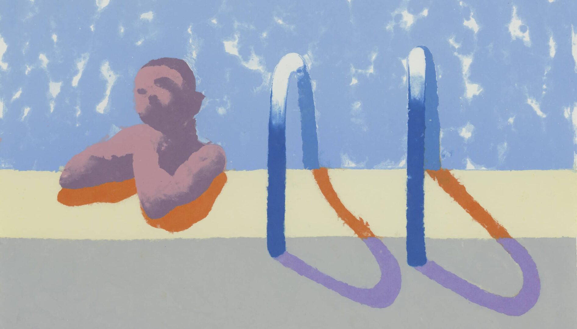 Person lounging in a pool next to a pool ladder