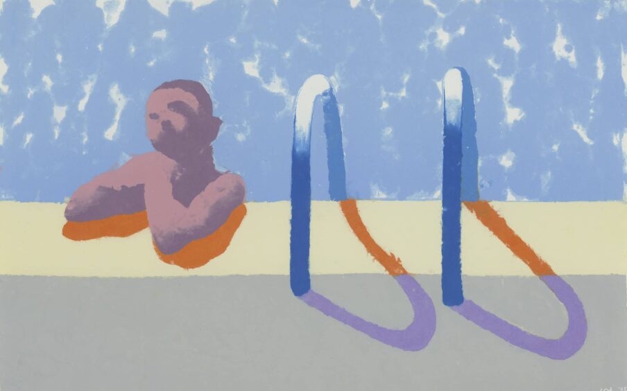 Person lounging in a pool next to a pool ladder