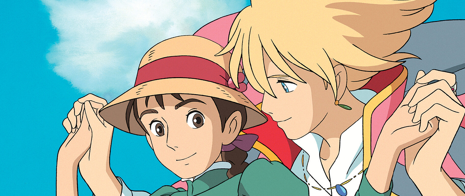 Animated film still of a young woman wearing a straw hat with a red ribbon, holding hands with a blond man who is standing behind her