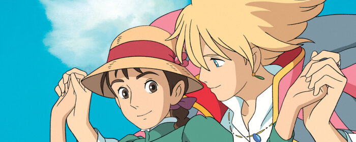 Animated film still of a young woman wearing a straw hat with a red ribbon, holding hands with a blond man who is standing behind her