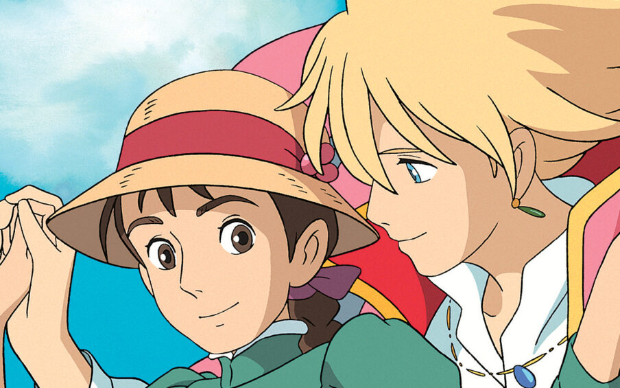 Animated film still of a young woman wearing a straw hat with a red ribbon, holding hands with a blond man who is standing behind her