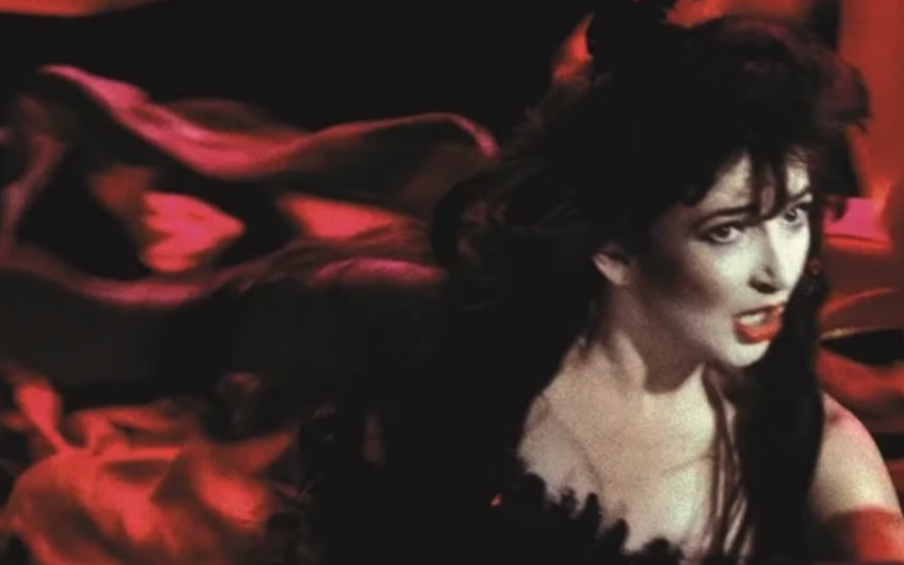 A film still of a pale woman with long brown hair (Kate Bush) singing. She's wearing a flowing red garment.