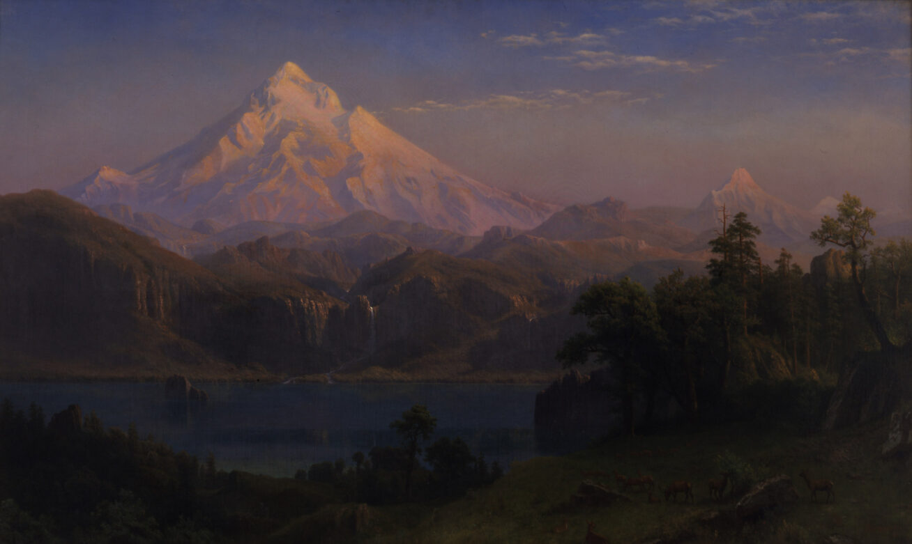 A landscape painting of a snowcapped mountain and a lake.