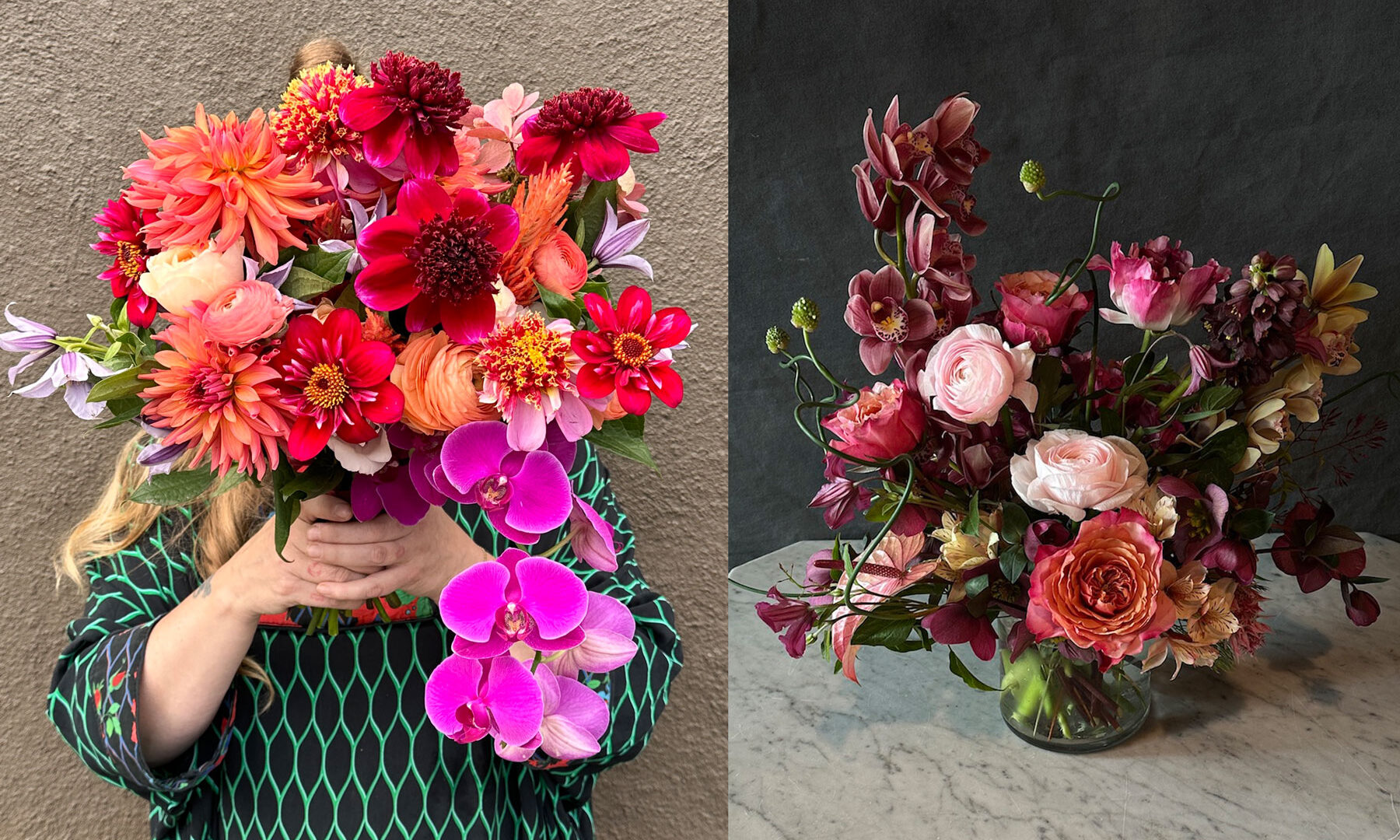 Photo of two flower arrangements.