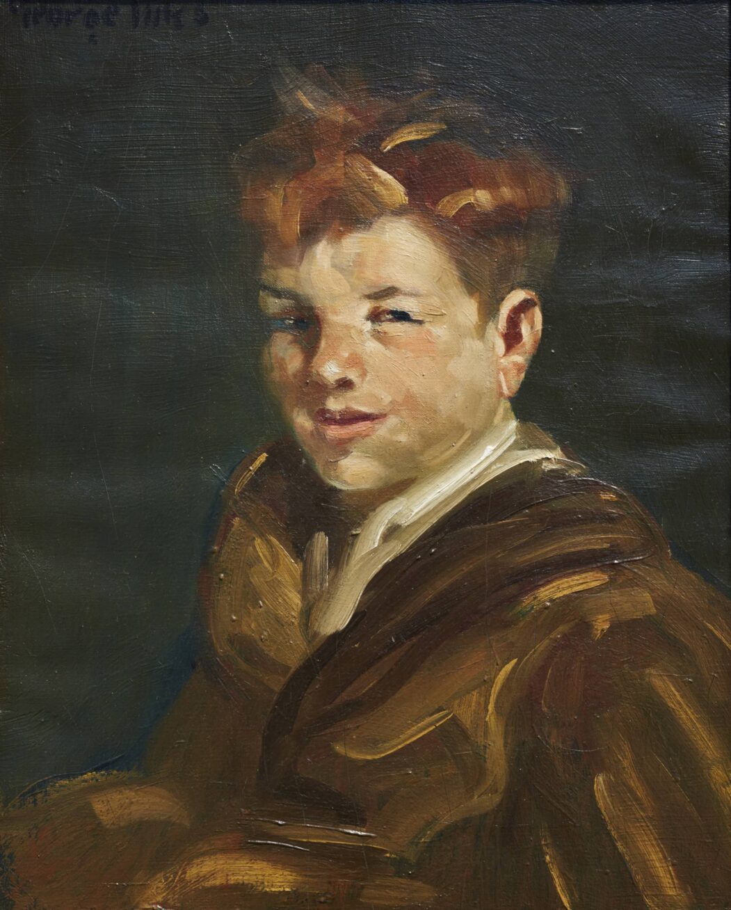 A painted portrait of a young person wearing a brown coat.
