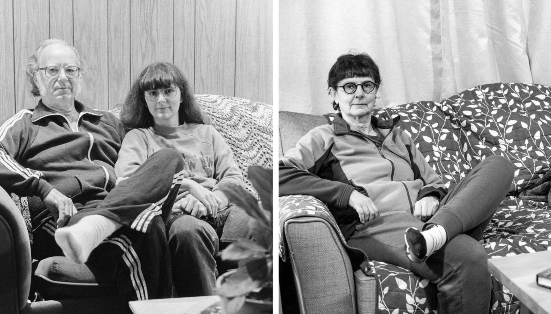 Two black and white photographs, the first of two people sitting on a sofa and the other of one person on a sofa.