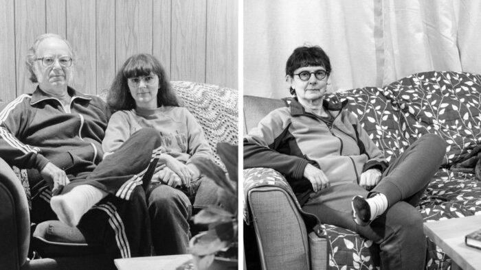 Two black and white photographs, the first of two people sitting on a sofa and the other of one person on a sofa.