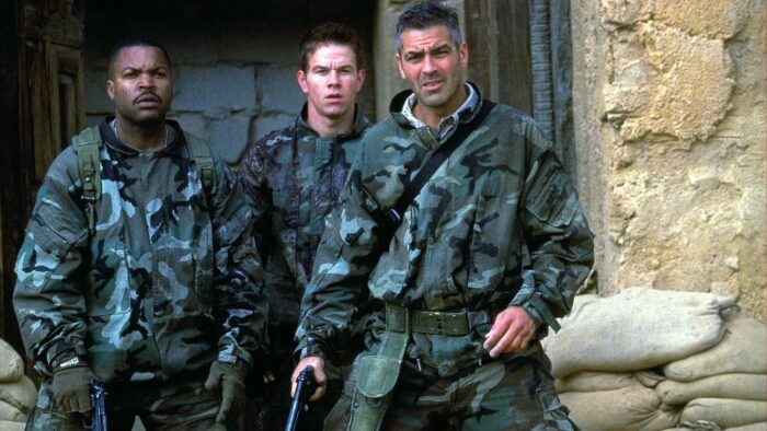 Film still of three men in military uniforms