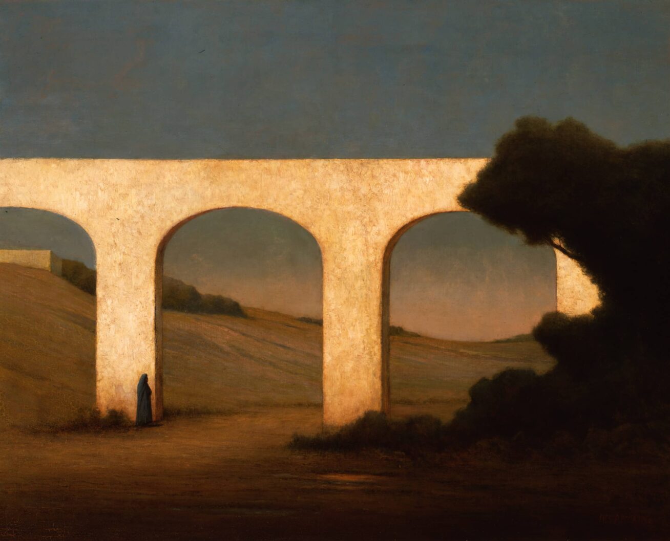 Painting of an aqueduct with a person standing at the base and a tree framing the righthand side.