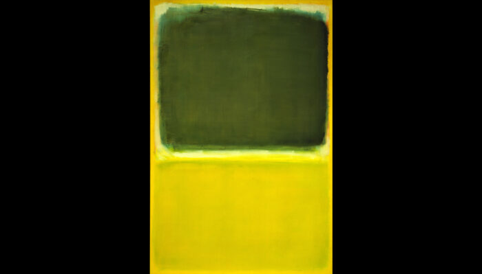 Abstract painting with shades of green and yellow.