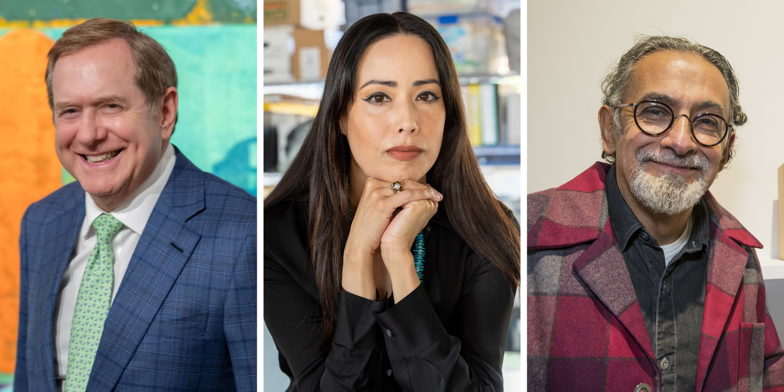 Photos of three people: to the left, a white man with a blue suit jacket and green tie; int he middle, a Native woman with long brown hair and a dark long-sleeved shirt and a large pearl ring on; to the right, a Latinx man with black-rimmed eyeglasses, a white beard, and a plaid coat over a black denim button-down shirt.