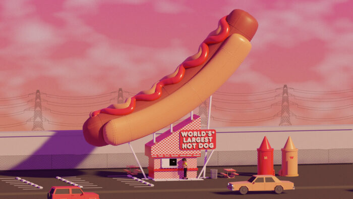 Animated film still of a restaurant with a giant hot dog with mustard on top
