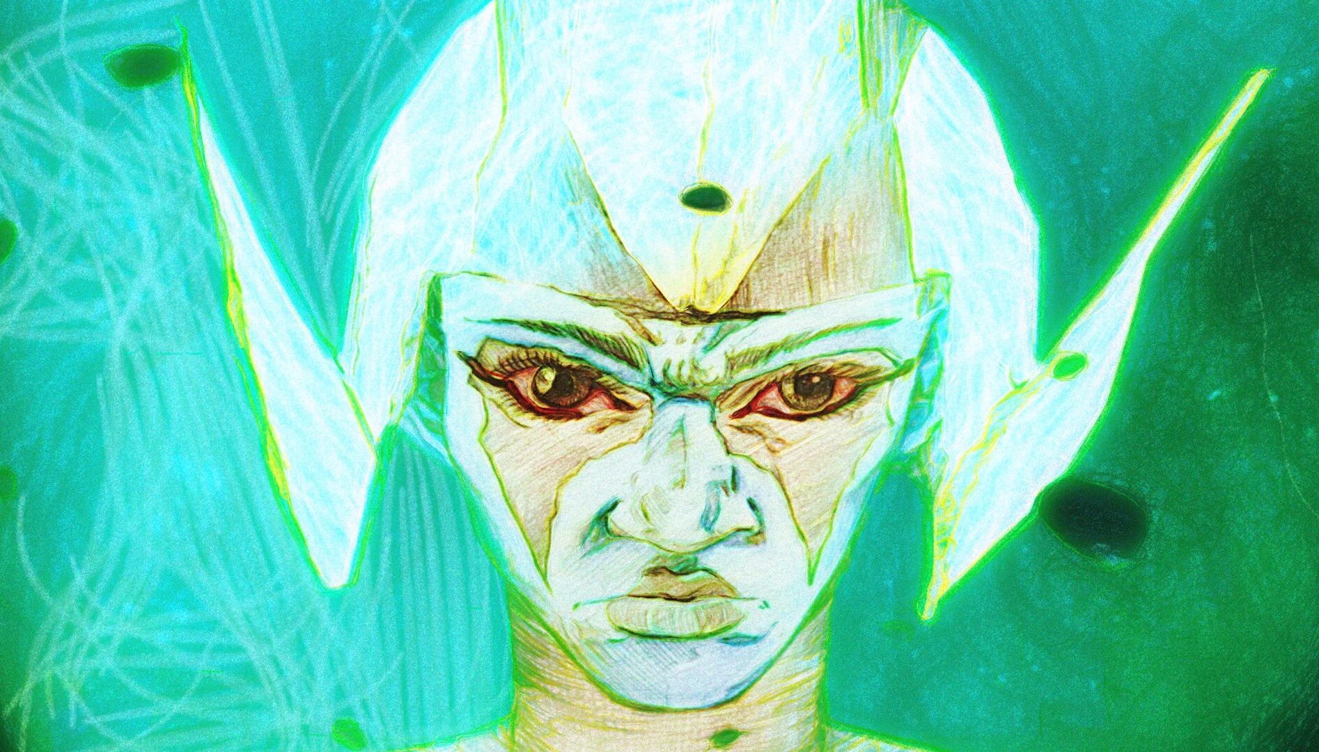 Illustration of a being with large bloodshot eyes, wearing a glowing light green crown on its head.