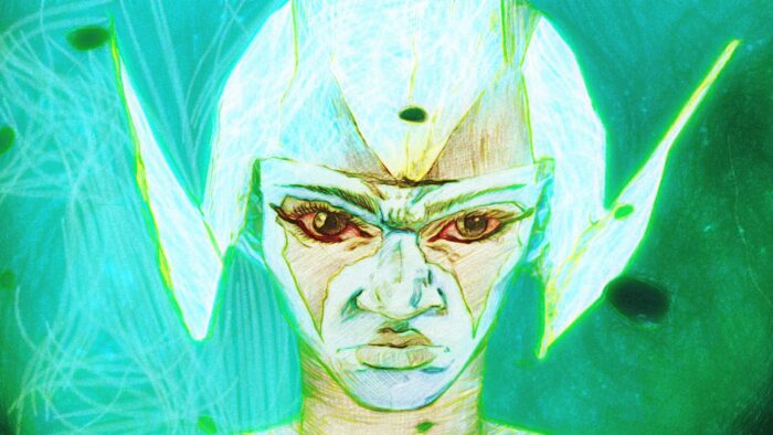 Illustration of a being with large bloodshot eyes, wearing a glowing light green crown on its head.