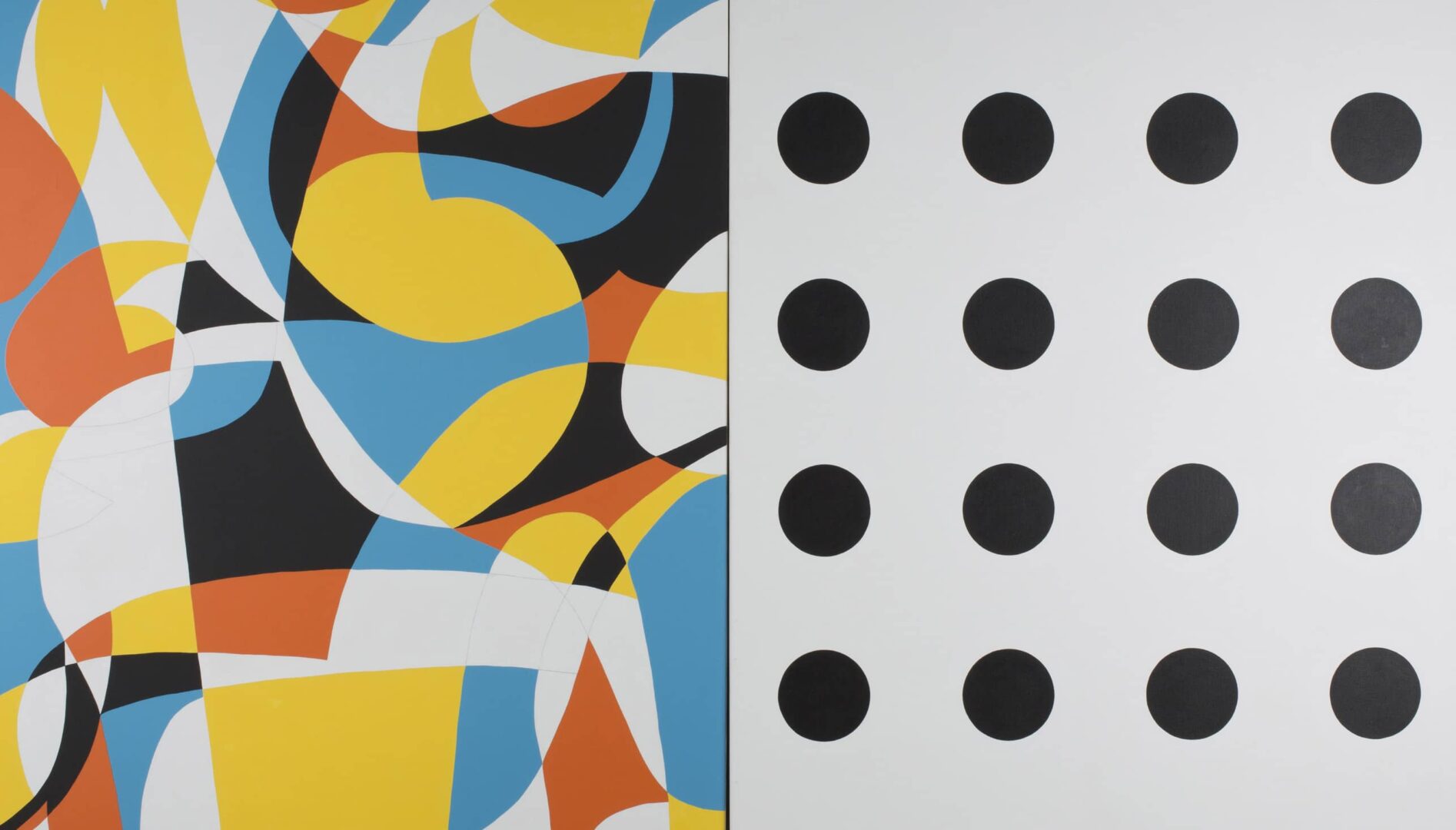 Abstract painting with bright shapes on the left and black dots on a white background on the right.