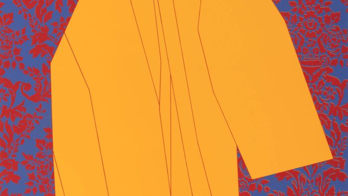 Print of a yellow raincoat on a background of purple and blue.