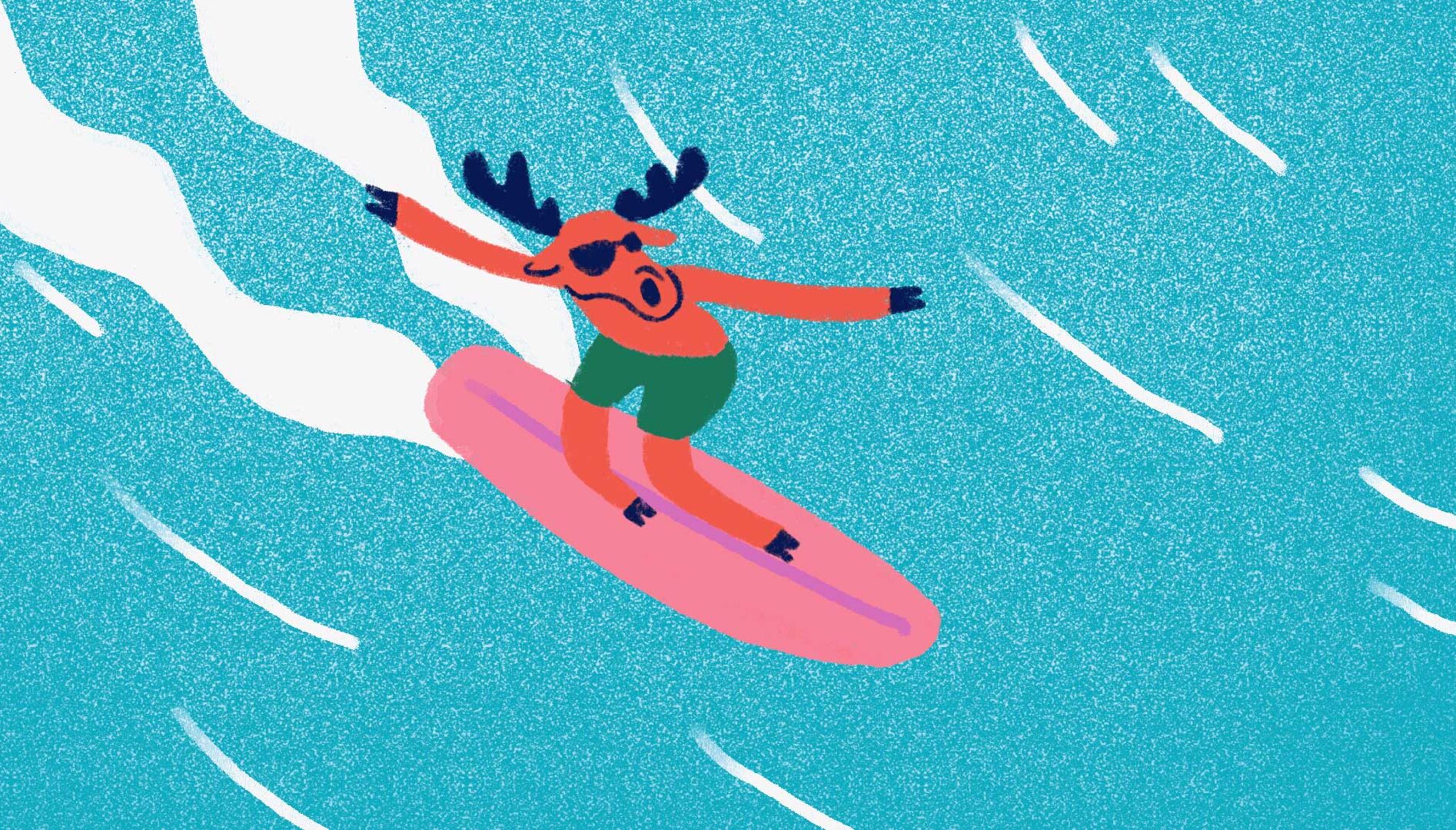 Illustration of an orange moose on a pink surfboard, surfing on blue water