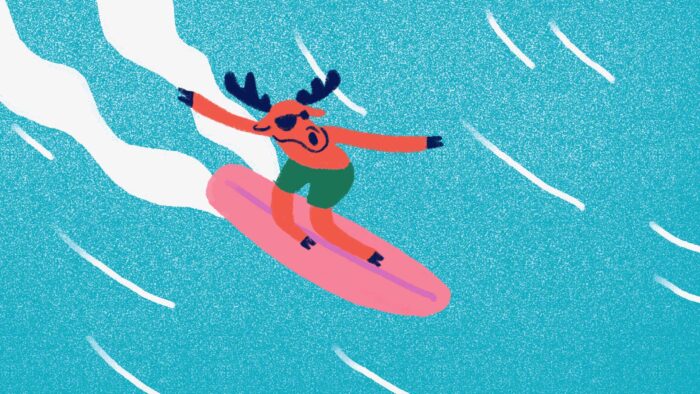 Illustration of an orange moose on a pink surfboard, surfing on blue water
