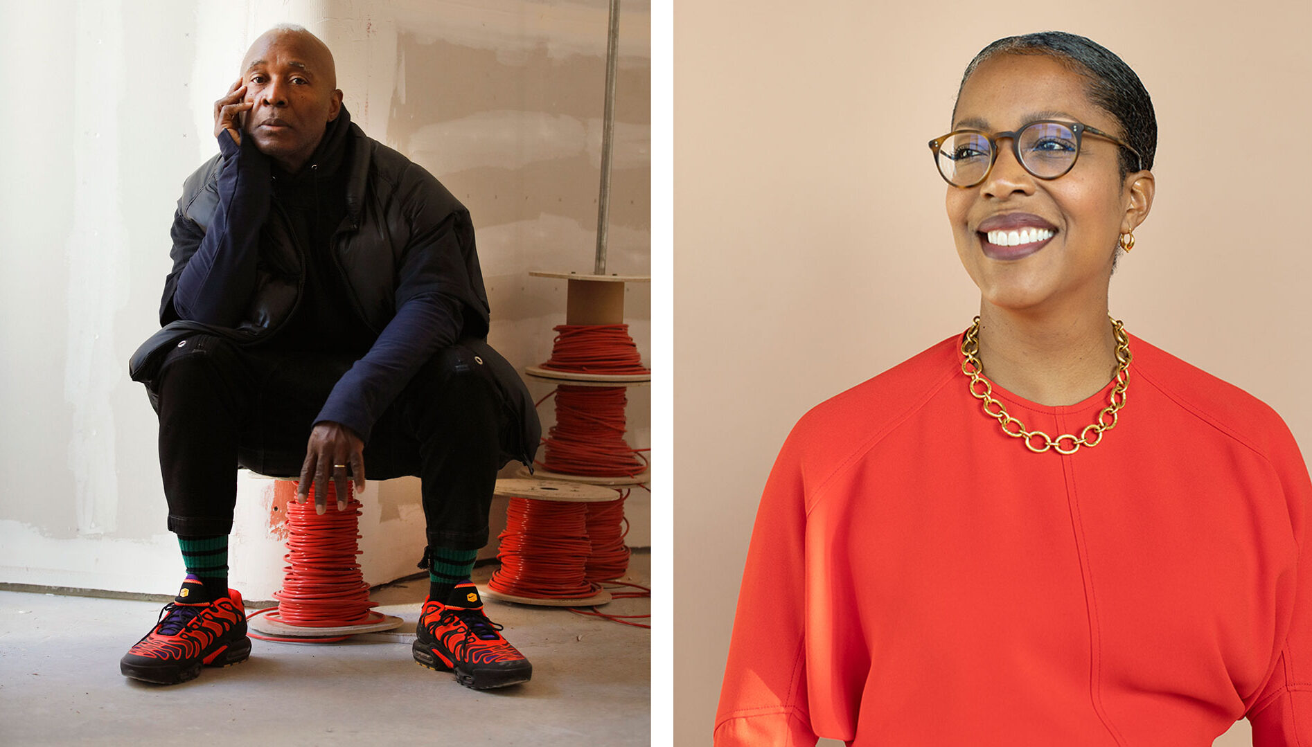 Two portraits: the artist Nick Cave on the left and Rukaiyah Adams on the right.