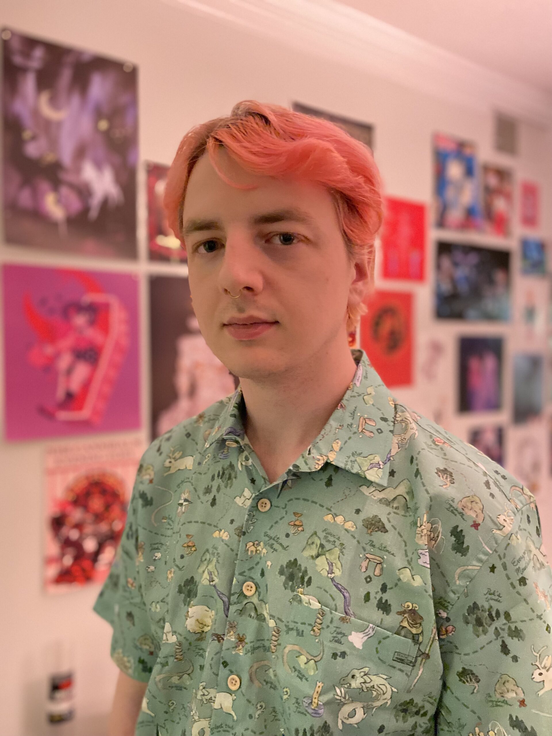 Portrait of a man with short pink hair wearing a short-sleeved green shirt. He is standing in front of a wall with art hanging on it.